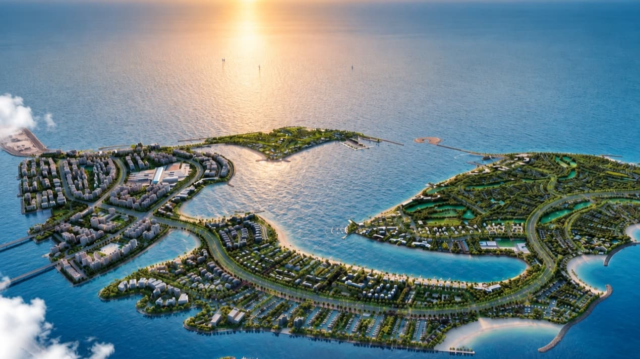 Aerial render of Dubai's waterfront island communities at sunset — Amber Homes analysis of the 2026 Dubai property market and its returning investor base