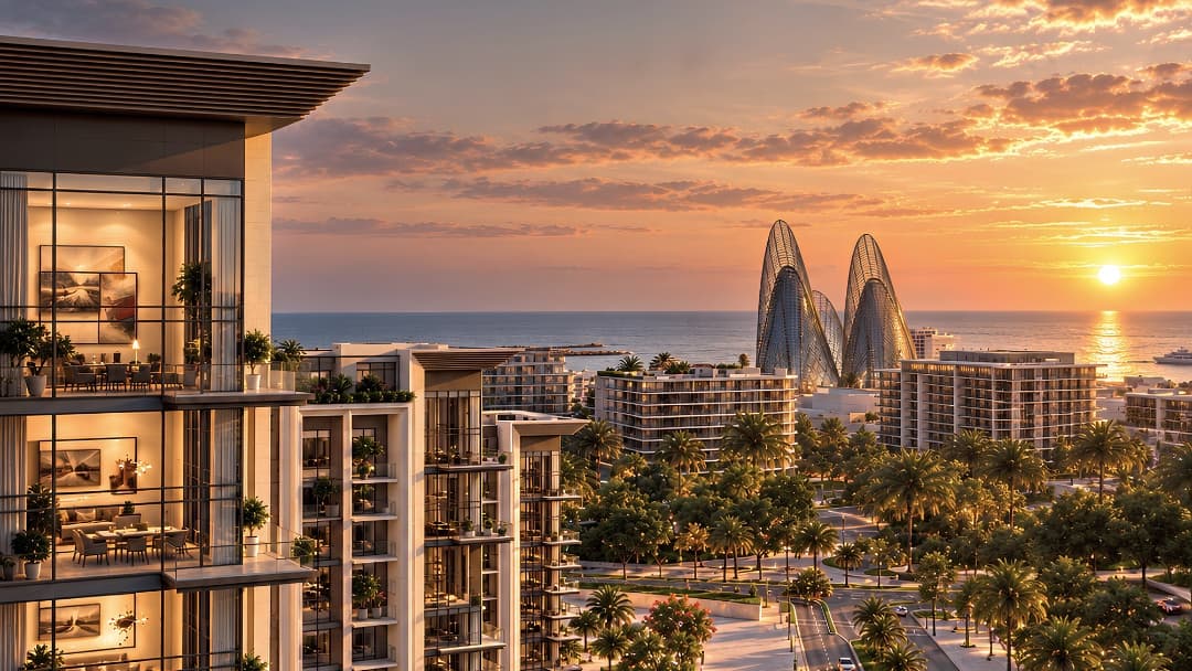 Render of Sei Saadiyat by Aldar in Saadiyat Cultural District, Abu Dhabi, at sunset — one of the major new property launches of 2026 covered alongside Palm Jebel Ali and Dubai Islands