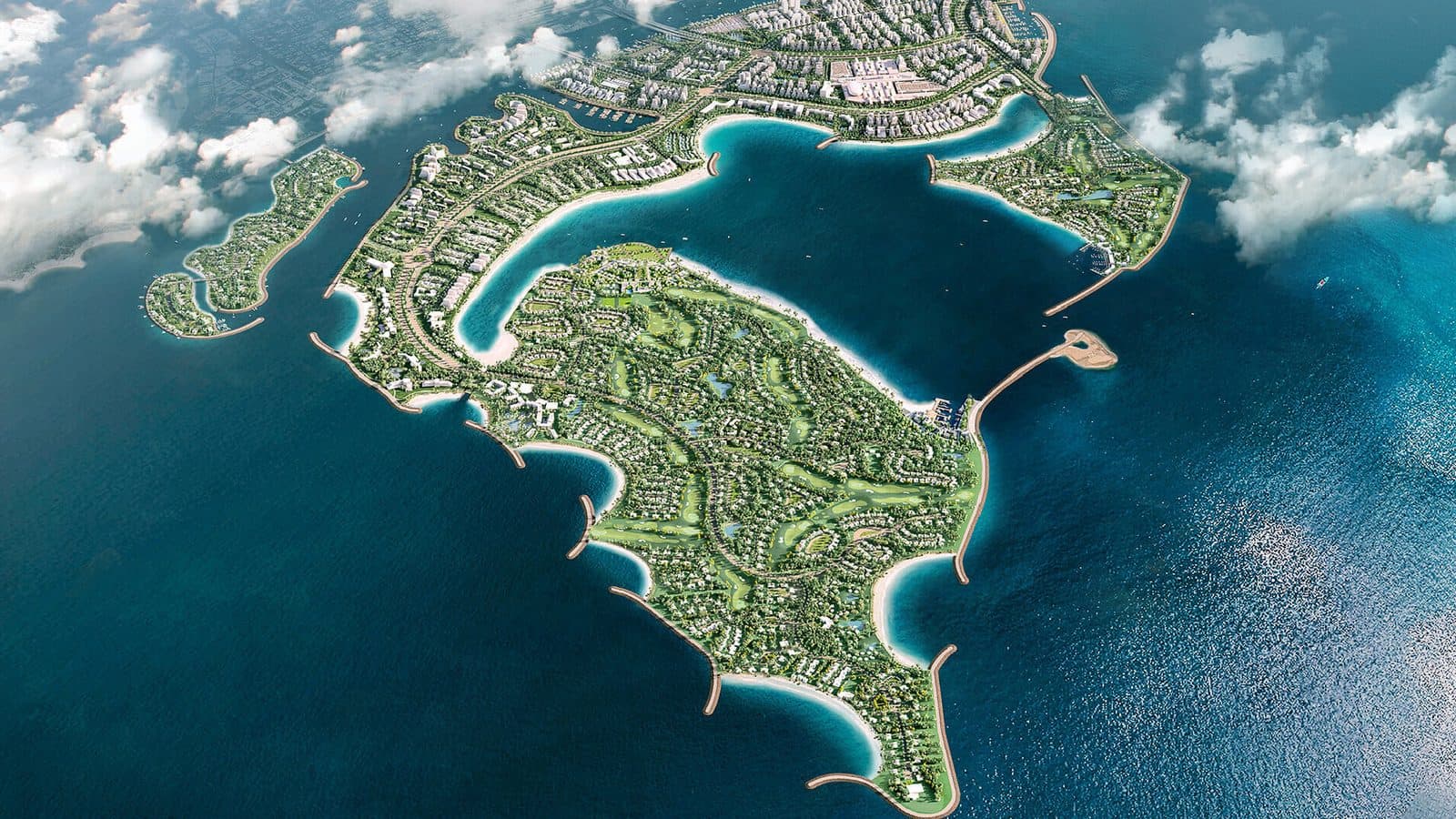 Aerial view of Nakheel's Dubai Islands waterfront master development off the Deira coastline, showing beaches, marinas and low-density island residential communities